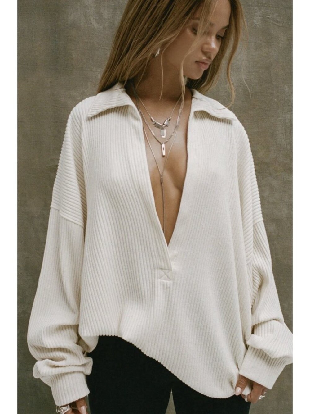 Joah Brown Ivory Ribbed Oversized Collared Pullover Deep V Knit Top Small Medium